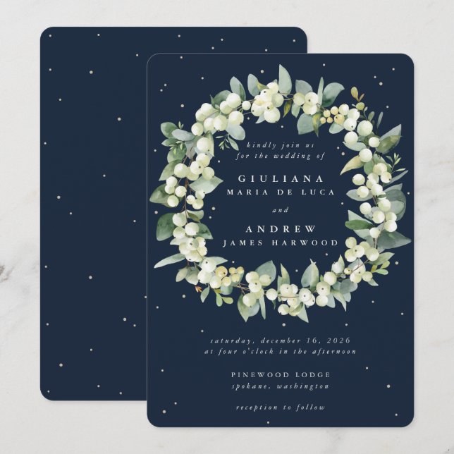Dark Navy Snowberry+Eucalyptus Wreath Wedding Invitation (Front/Back)