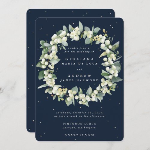 Dark Navy SnowberryEucalyptus Wreath Wedding Invitation