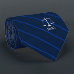 Dark Navy Striped Custom Initials Lawyer Tie<br><div class="desc">Elegant navy stripes judicial scales of justice custom initials tie.</div>