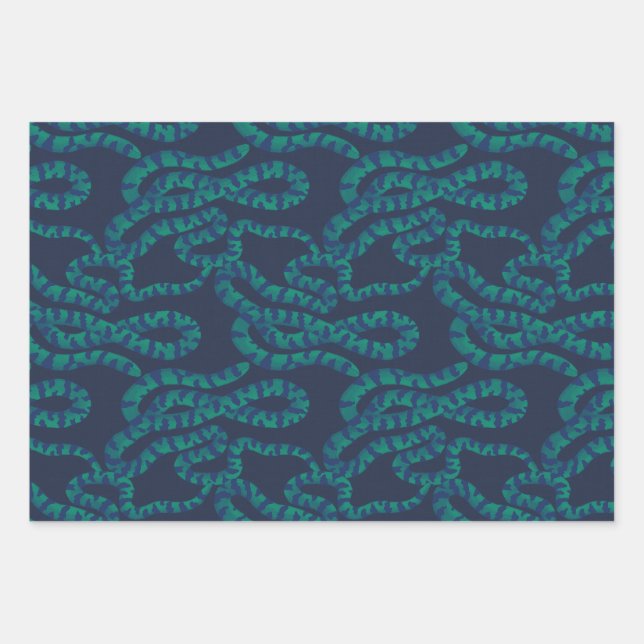 Dark Navy & Turquoise Green Snake Wrapping Paper Sheets (Front)