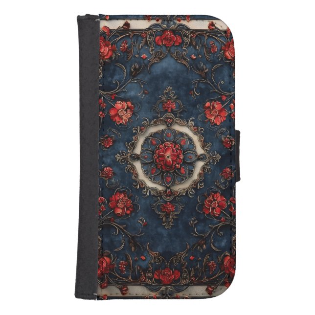 Dark Navy Vintage Floral Samsung Galaxy Wallet (Front)