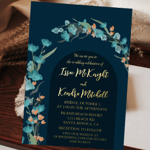 Dark Navy watercolor Floral Arch  Foil Invitation
