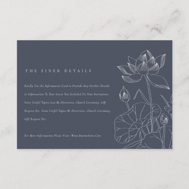 Dark Navy Waterlily Floral Sketch Wedding Details Enclosure Card (Front)