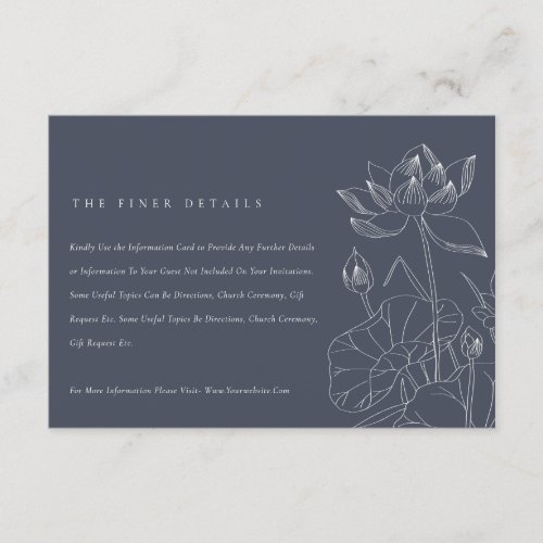 Dark Navy Waterlily Floral Sketch Wedding Details Enclosure Card