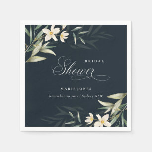 Dark Navy White Greenery Flora Bunch Bridal Shower Napkins