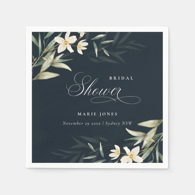 Dark Navy White Greenery Flora Bunch Bridal Shower Napkins (Front)