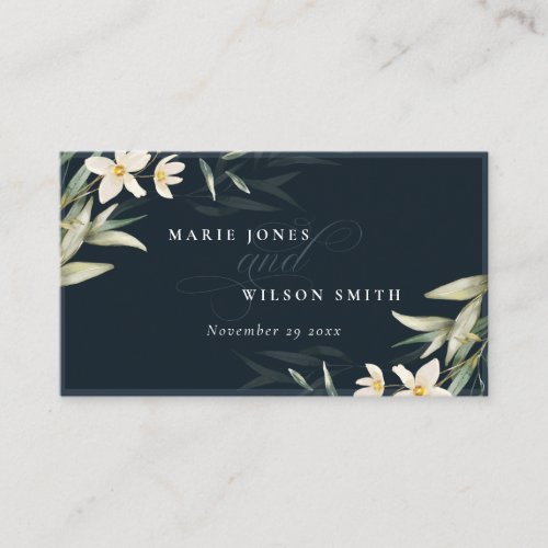 Dark Navy White Greenery Floral Bunch Wedding Place Card