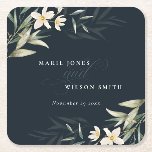 Dark Navy White Greenery Floral Bunch Wedding Square Paper Coaster