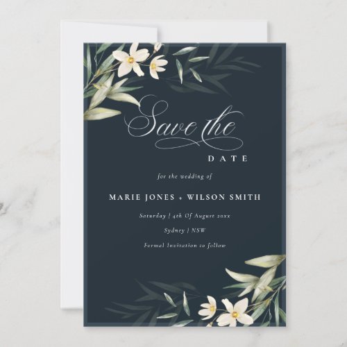 Dark Navy White Greenery Floral Save the Date Card