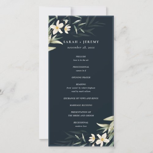 Dark Navy White Greenery Floral Wedding Program