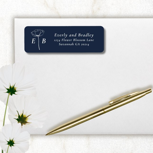Dark Navy White Monogram Floral Accent Address Label (Creator Uploaded)