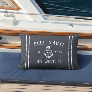 Dark Navy & White Personalized Boat Name Anchor Lumbar Pillow