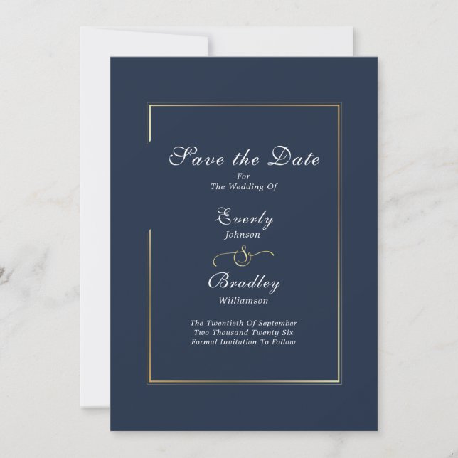 Dark Navy White Script Gold Border Save the Date Invitation (Front)