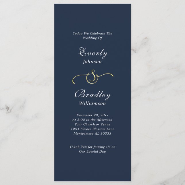 Dark Navy White Simple Script Elegant Wedding Program (Front)