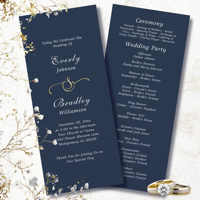 Dark Navy White Simple Script Elegant Wedding Program (Creator Uploaded)