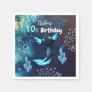 Dark Neon Axolotl Birthday Party Napkins