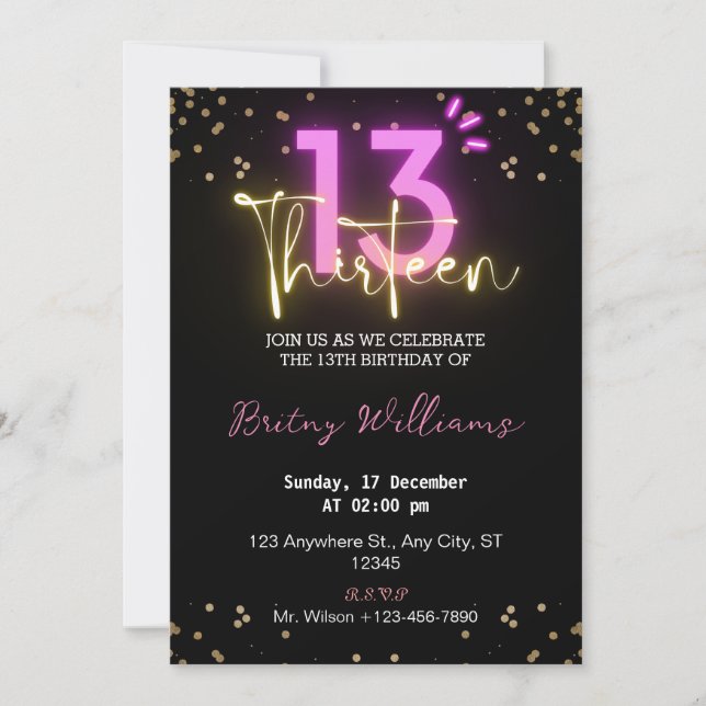 Dark Neon Light 13th Birthday Invitation (Front)