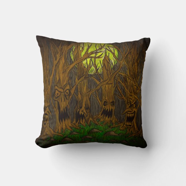 Dark Night Halloween Full Moon Forest Throw Pillow (Front)