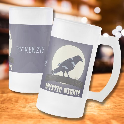 Dark Night Moonlight Malevolent Crow  Frosted Glass Beer Mug