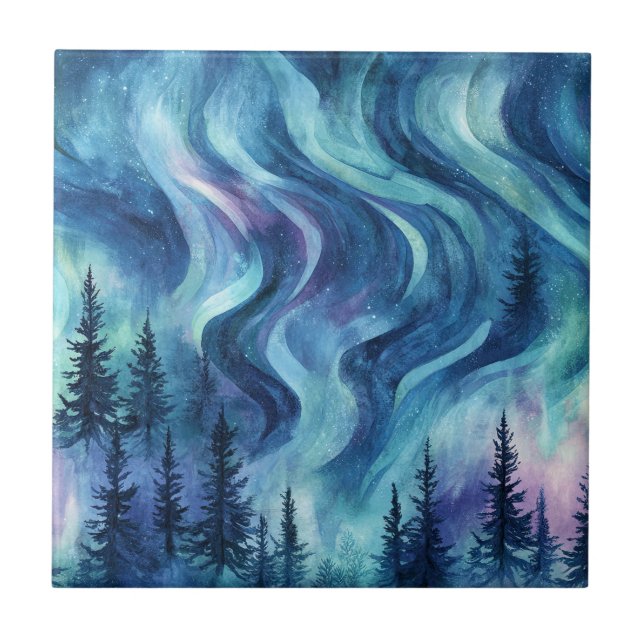 Dark Night Pine Trees Vibrant Aurora Glow Ceramic Tile (Front)