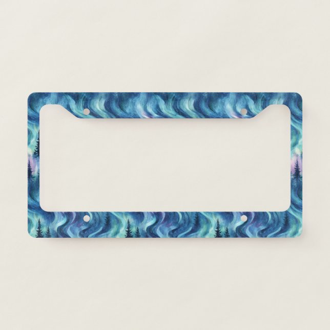 Dark Night Pine Trees Vibrant Aurora Glow License Plate Frame (Front)