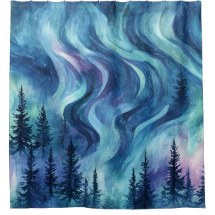 Dark Night Pine Trees Vibrant Aurora Glow Shower Curtain