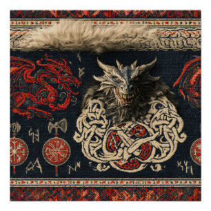 Dark Nordic Dragon and Viking Knotwork Tapestry De Poster