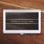 Dark oak wood grain silver gray gradient borders business card case<br><div class="desc">Elegant business card holder with your name printed on the front with silver gradient borders above and below on a printed dark oak wood background.</div>