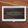 Dark oak wood grain silver gray gradient borders business card case