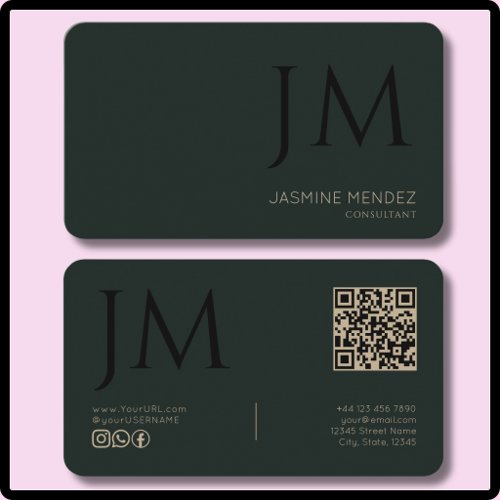 Dark Obsidian Khaki Black Monogram QR Code Modern Business Card