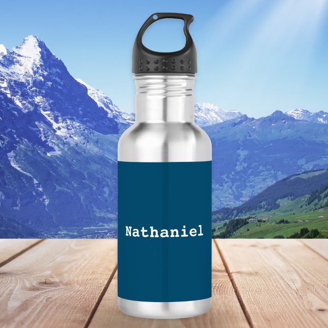 Dark Ocean Blue Minimal Simple Personalized Name Stainless Steel Water Bottle (A metal water bottle with personalized name in white on teal)