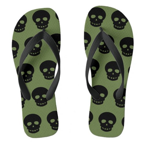 Dark Olive Army Green Black Skulls Pattern Mens Flip Flops