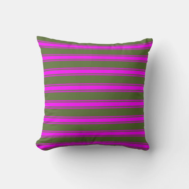 Dark Olive Green and Fuchsia Stripes Pattern Throw Pillow (Front)