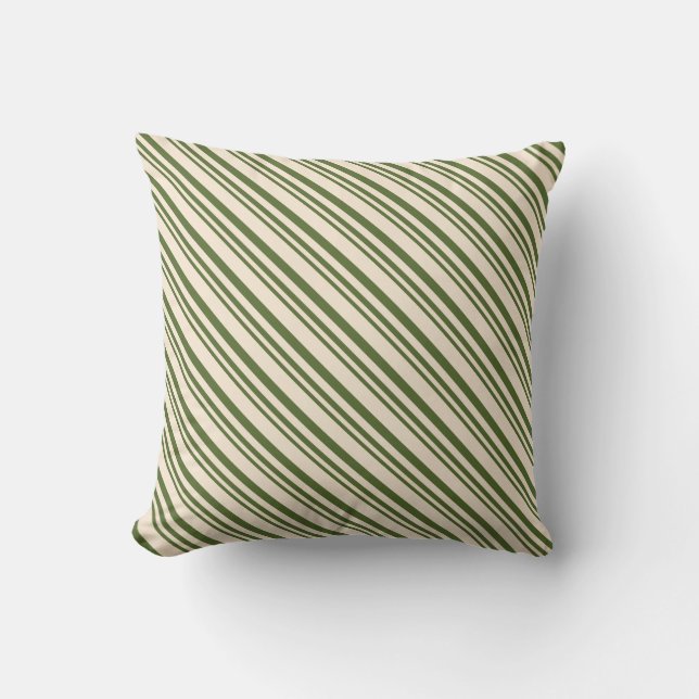 Dark Olive Green & Beige Stripes Throw Pillow (Front)