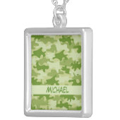 Dark Olive Green Camo Camouflage Name Personalized Silver Plated Necklace (Front Right)