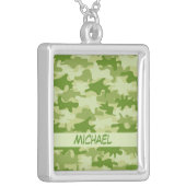Dark Olive Green Camo Camouflage Name Personalized Silver Plated Necklace (Front Left)