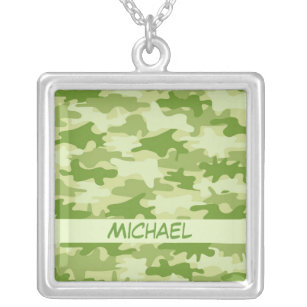 Dark Olive Green Camo Camouflage Name Personalized Silver Plated Necklace