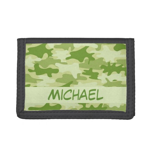 Dark Olive Green Camo Camouflage Name Personalized Trifold Wallet