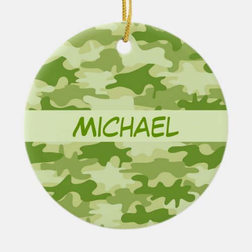 Dark Olive Green Camo Camouflage Personalized Name Ceramic Ornament