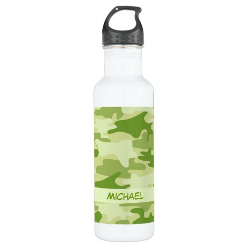 Dark Olive Green Camo Camouflage Personalized Name Water Bottle