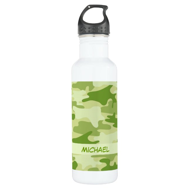 Dark Olive Green Camo Camouflage Personalized Name Water Bottle (Front)