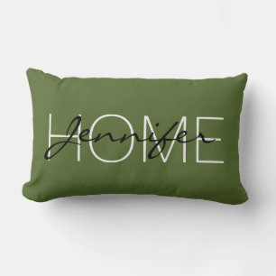 Dark olive green color home monogram lumbar pillow