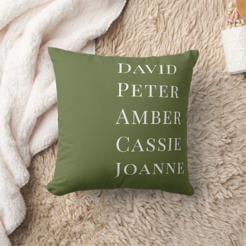 Dark Olive Green Custom Family Kids Names Throw Pillow