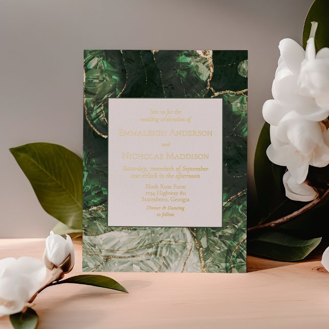 Dark Olive Green Faux Gemstone Wedding Foil Invitation (Creator Uploaded)