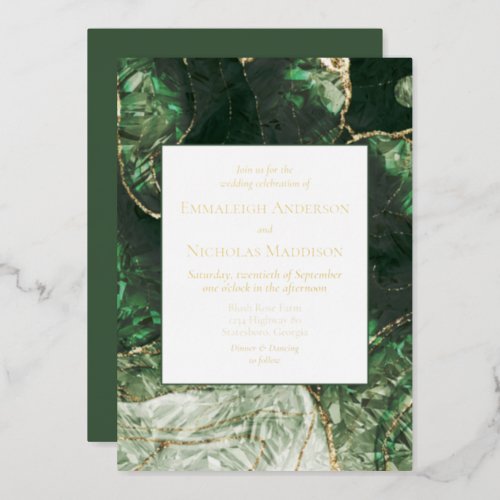 Dark Olive Green Faux Gemstone Wedding Foil Invitation