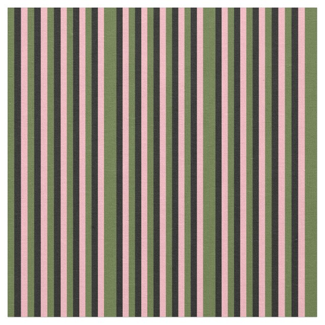 Dark Olive Green, Light Pink & Black Stripes Fabric (Close Up)