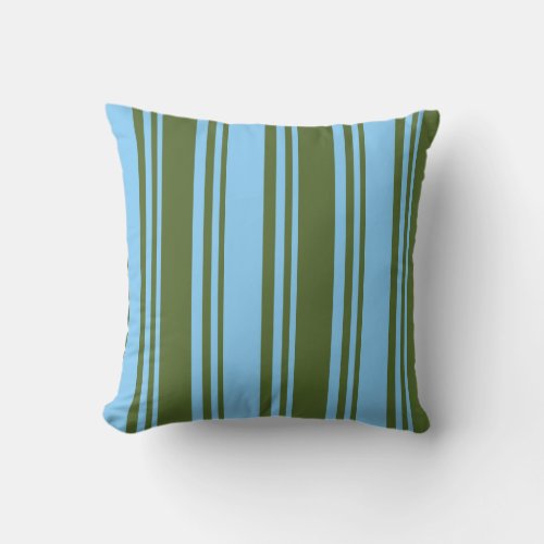Dark Olive Green  Light Sky Blue Stripes Pillow