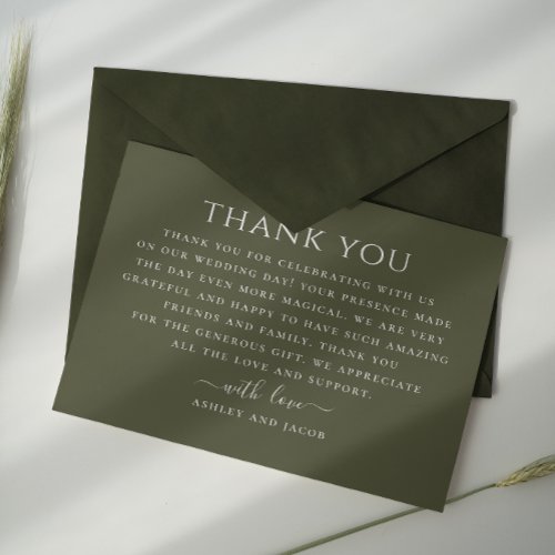 Dark olive green minimalist typography wedding thank you card