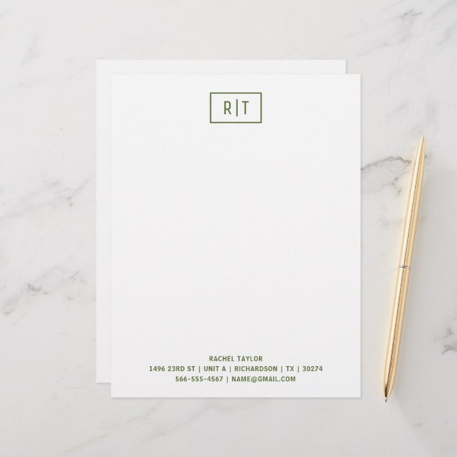 Dark Olive Green Modern Monogram Simple Letterhead (Front/Back In Situ)