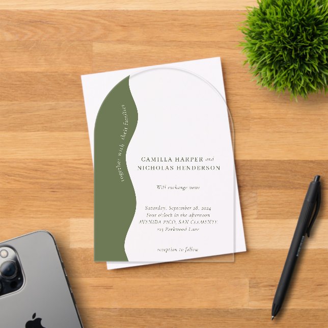 Dark Olive Green Modern Wavy Retro Wedding Acrylic Invitations (Insitu (Invitation Card))
